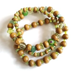Three stretchy bead bracelets green and tan brown wood